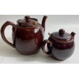 A traditional brown-glazed TEAPOT for the family (small chip in rim) plus individual pot for