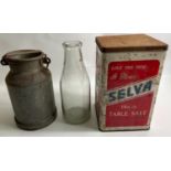 AN OLD VINTAGE COLLECTION to include a SELVA table salt tin 26cm high with also a small lidded