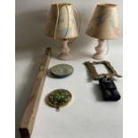 A MIXED box to include a very old wooden spirit level approx 60cm long, a pair of table lamps plus