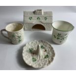 BELLEEK SHAMROCK BLARNEY COTTAGE tea light holder, 10cm x 14cm approx, plus a BELLEEK SHAMROCK