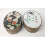 Two lovely quality antique ORIENTAL enamelled white metal oval lidded snuff boxes with traditional