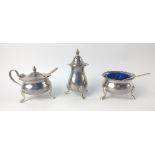 A Dublin silver hallmarked 1973 CRUET SET comprising pepper, mustard and salt (salt and mustard