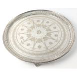 Large silver plated TRAY with a central monogram and decorative edging, 35cm diameter, 950g weight