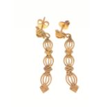 A pair of 18ct yellow gold drop EARRINGS, top section shaped as a heart with an arrow piercing it,
