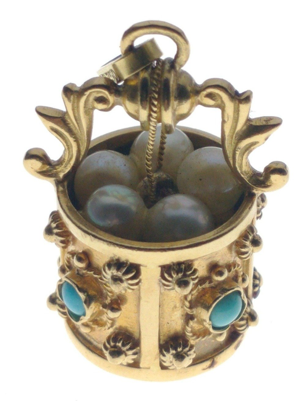 A FANTASTIC & SUBSTANTIAL 750 stamped PENDANT in wishing well form set with 4 turquoise and 5 - Image 2 of 7