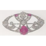 A VINTAGE DIAMOND encrusted 'white metal' pin BROOCH with a central pink stone (0.5cm diameter)