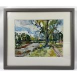 A framed watercolour and pencil work by VIVIENNE HAIG of the "River Tweed at Dryburgh", visible