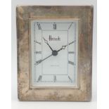 Silver framed HARRODS bedside CLOCK, hallmarked Sheffield 1997, 12cm x 9.5cm , 158g gross weight