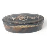 An oval tortoise-shell style and inlaid white metal BOX (8.5cm x 3.5cm x 2.75cm)