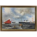 A maritime oil on canvas PAINTING by KIMBER ASHBOLT depicting the Grimsby Dock Tower, frame size