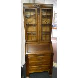 C1920/30's Bureau book case with glazed doors over bureau abd three drawers 194cm height x 72cm