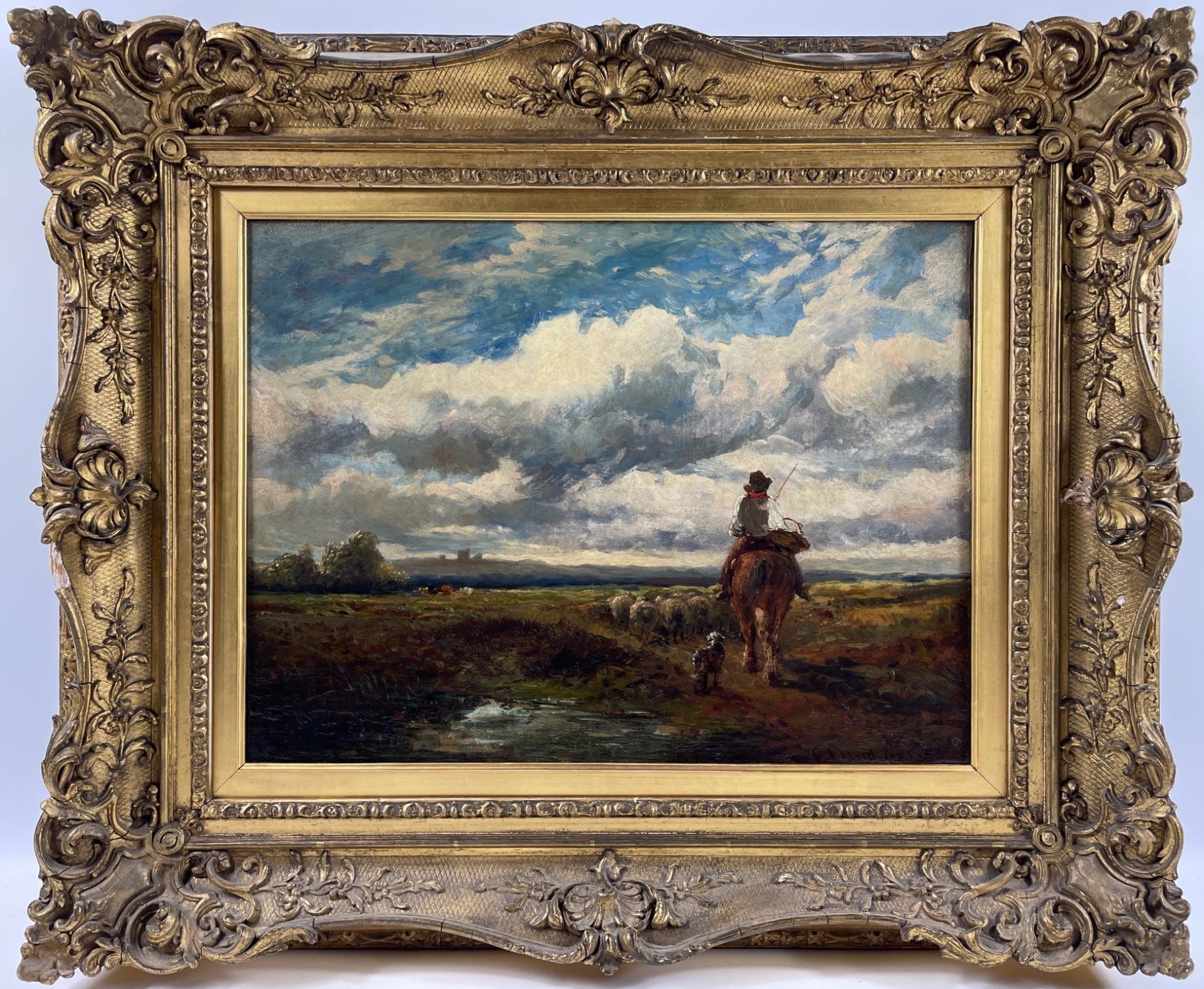 An oil on canvas, HEADING TO MARKET, by DAVID COX within a beautiful gesso frame size 60 x 50cm,