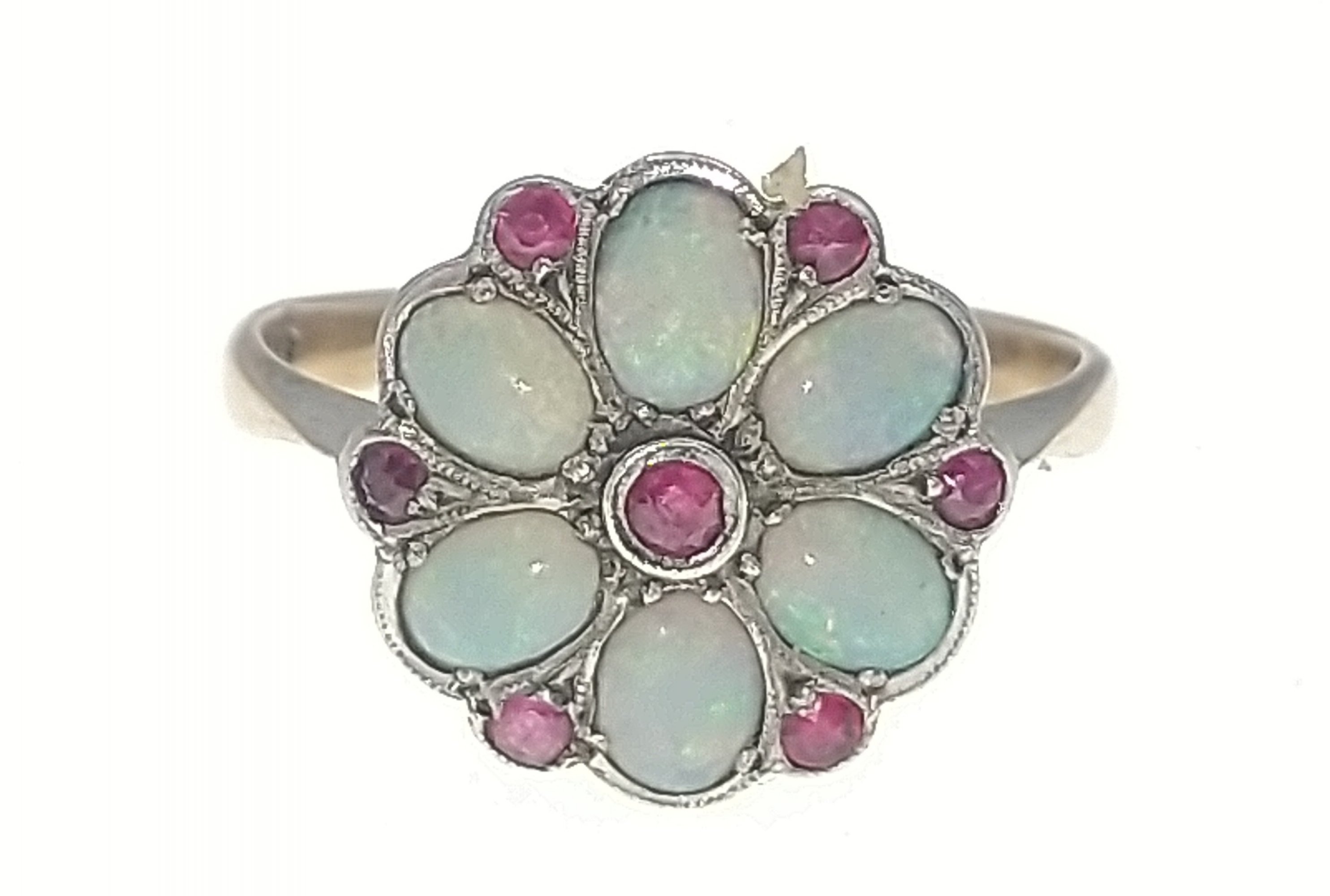 A 9ct gold opal ring with 6 opals and 7 red stones in a flower-head pattern, size M/N gross weight