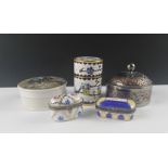 A small collection of QUALITY boxes to include a cloisonne MATCH HOLDER height 7cm and dia 4.5cm,