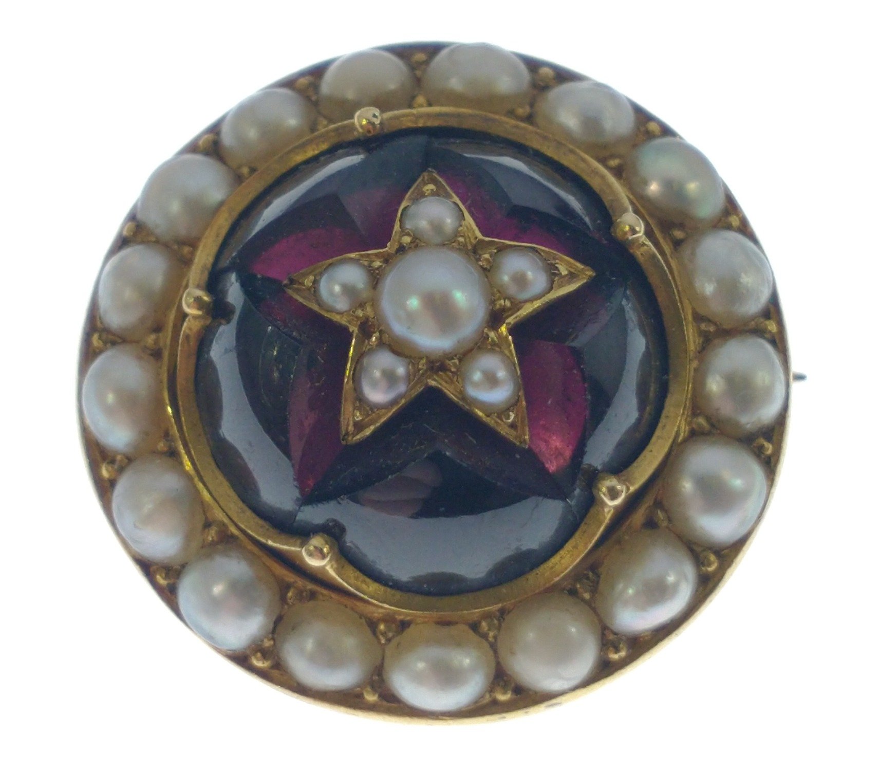 Possibly VICTORIAN 'yellow metal' circular red stone and pearl set BROOCH, dimension 2cm diameter,