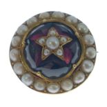 Possibly VICTORIAN 'yellow metal' circular red stone and pearl set BROOCH, dimension 2cm diameter,