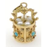 A FANTASTIC & SUBSTANTIAL 750 stamped PENDANT in wishing well form set with 4 turquoise and 5