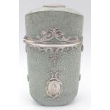 A lovely19th century shagreen EYE-GLASS case with white metal decoration, 10cm long with pink