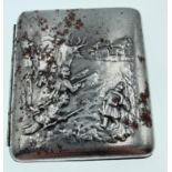 A WWl German metal cigarette case, dated with 1915 in interior with embossed military scene on