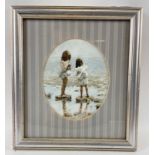 Artist Unknown original vintage watercolour Young Girls On The Beach - dimensions 5" x 4"