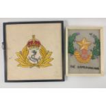 Two framed embroideries one of the CAMERONIANS (frame size 22x16cm), the other of a ROYAL NAVY