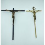 Two vintage French bronze crucifixes - the larger darker bronze 16cm height x 12cm width approx,