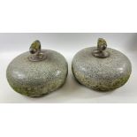 Pair of FABULOUS AILSA CRAIG VINTAGE grey hone curling stones with weathered handles - diameter 28cm