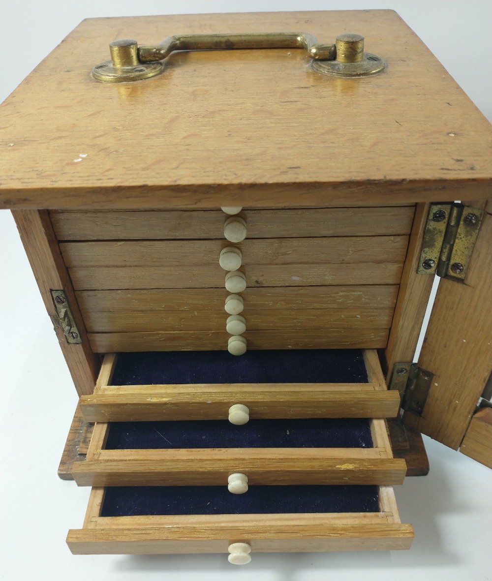 An EDWARDIAN APPRENTICE PIECE coin collection 10 blue velvet-lined drawer cabinet with small bone - Image 4 of 8