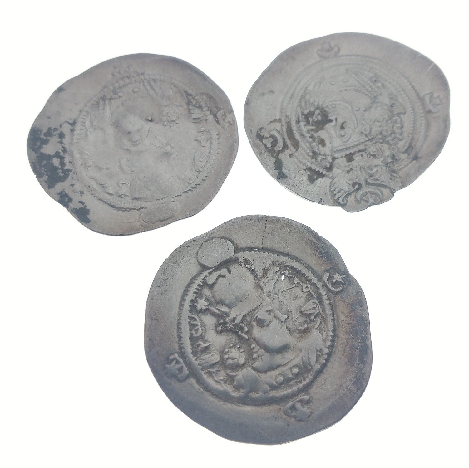 Three large very old HAMMERED COINS - diameter 3cm approx, each coin has a different hammer