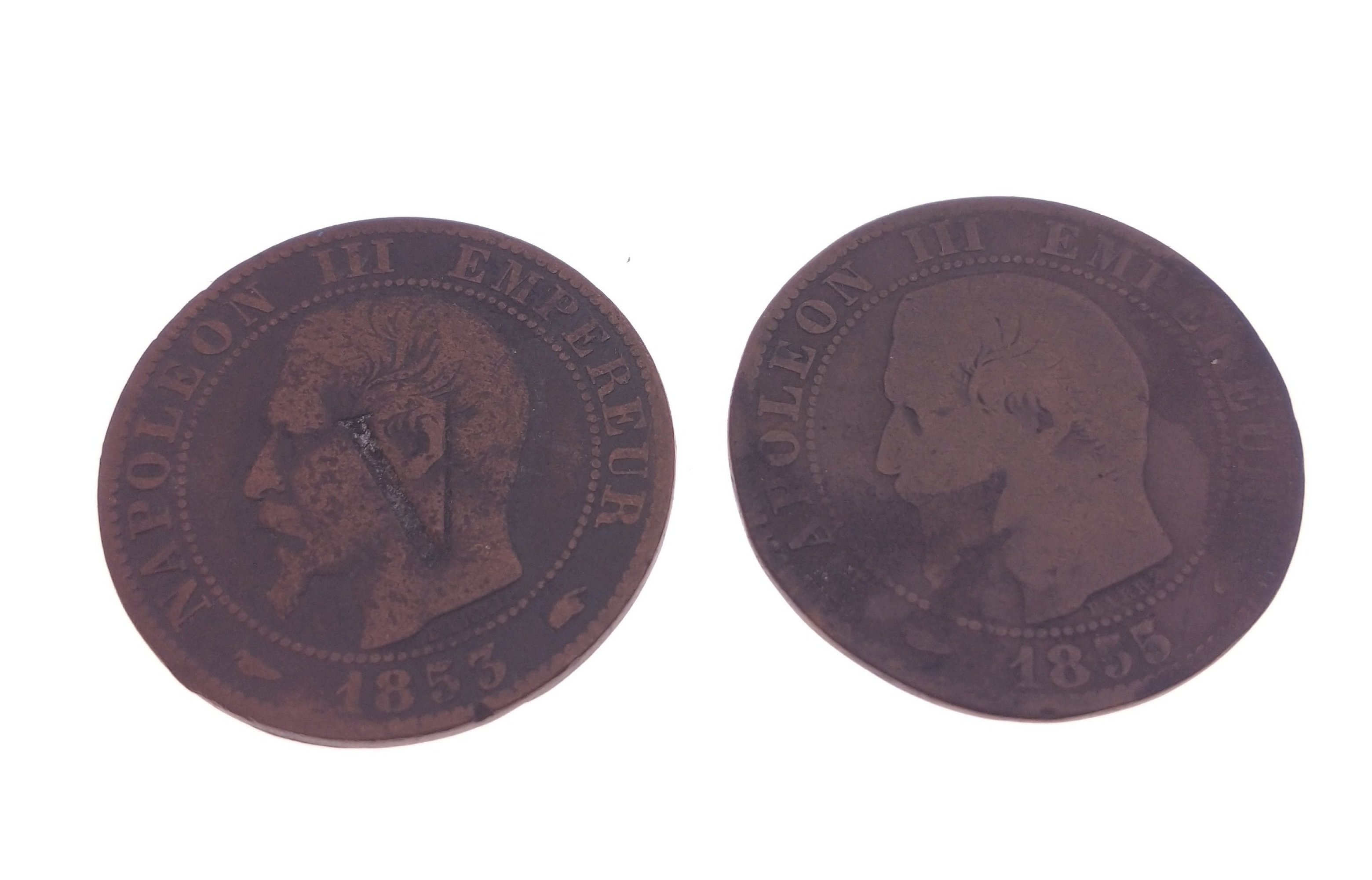 Two 1855 5 Centimes Napoleon III (1808-1873), Empereur de France (1852-1870) coins, bronze,