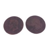 Two 1855 5 Centimes Napoleon III (1808-1873), Empereur de France (1852-1870) coins, bronze,