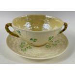 A Belleek Shamrock and Basketweave Bouillon/Soup Bowl and Saucer 5th Generation, 2nd Generation