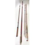 Three well-loved rods to include a 2 piece rod 6ft long, a 2 piece rod 8ft long, a bagged 4 piece