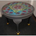 Recently upcycled ball and claw footed round side/occasional table in dark grey with a red flower
