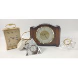 Collection of clocks to include a WATERFORD CRYSTAL clock standing 8cm high, an EDINBURGH CRYSTAL
