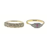 Two rings, one stamped 18ct with a small garnet centred stone with two small diamonds(tested) ring