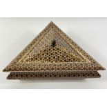 A QUALITY Persian inlaid/marquetry triangular box each side 24cm, 7cm high