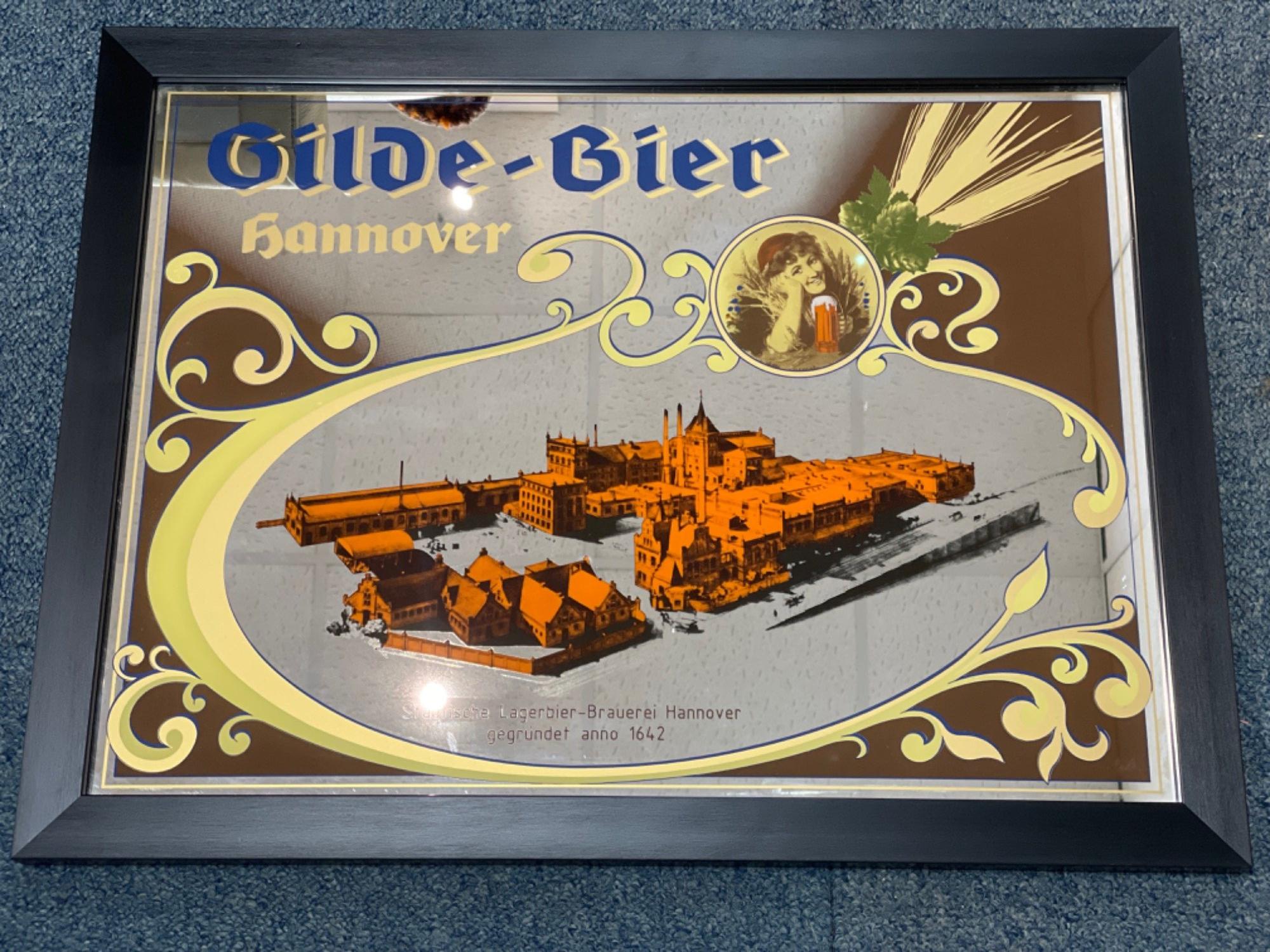 A German pub mirror, 60x46cm, advertising GILDE-BIER brewed in Hanover since 1642, perfect for a