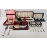 A collection of mainly VINTAGE EPNS presentation boxes of tea spoons, fish knives, cake serving