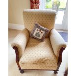 FABULOUS VICTORIAN armchair with claw and ball feet and re-covered in deep yellow pattern fabric