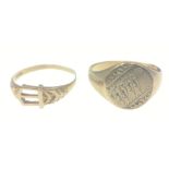 A small buckle ring 375 stamped yellow gold 1.45g ring size R , also a gents signet ring 375