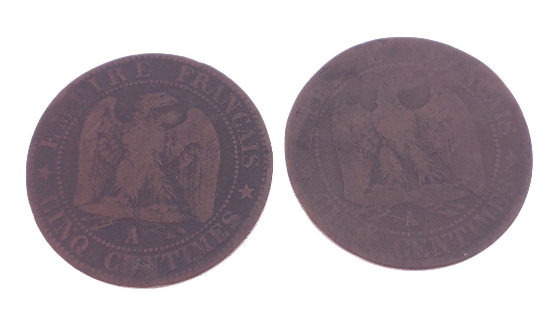 Two 1855 5 Centimes Napoleon III (1808-1873), Empereur de France (1852-1870) coins, bronze, - Image 3 of 4