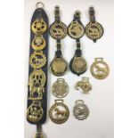 Five leather mounted vintage HORSE BRASSES to include 2 Jersey cows, a guide dog, a Strike Sure