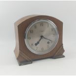 Wooden mantle clock by James Walker LTD London with brushed steel face, GARRARD movement, pendulum