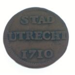 NETHERLANDS, Duit, 1710, STAD UTRECHT Copper coin, 2.25mm diameter - Crowned arms of Utrech - coin