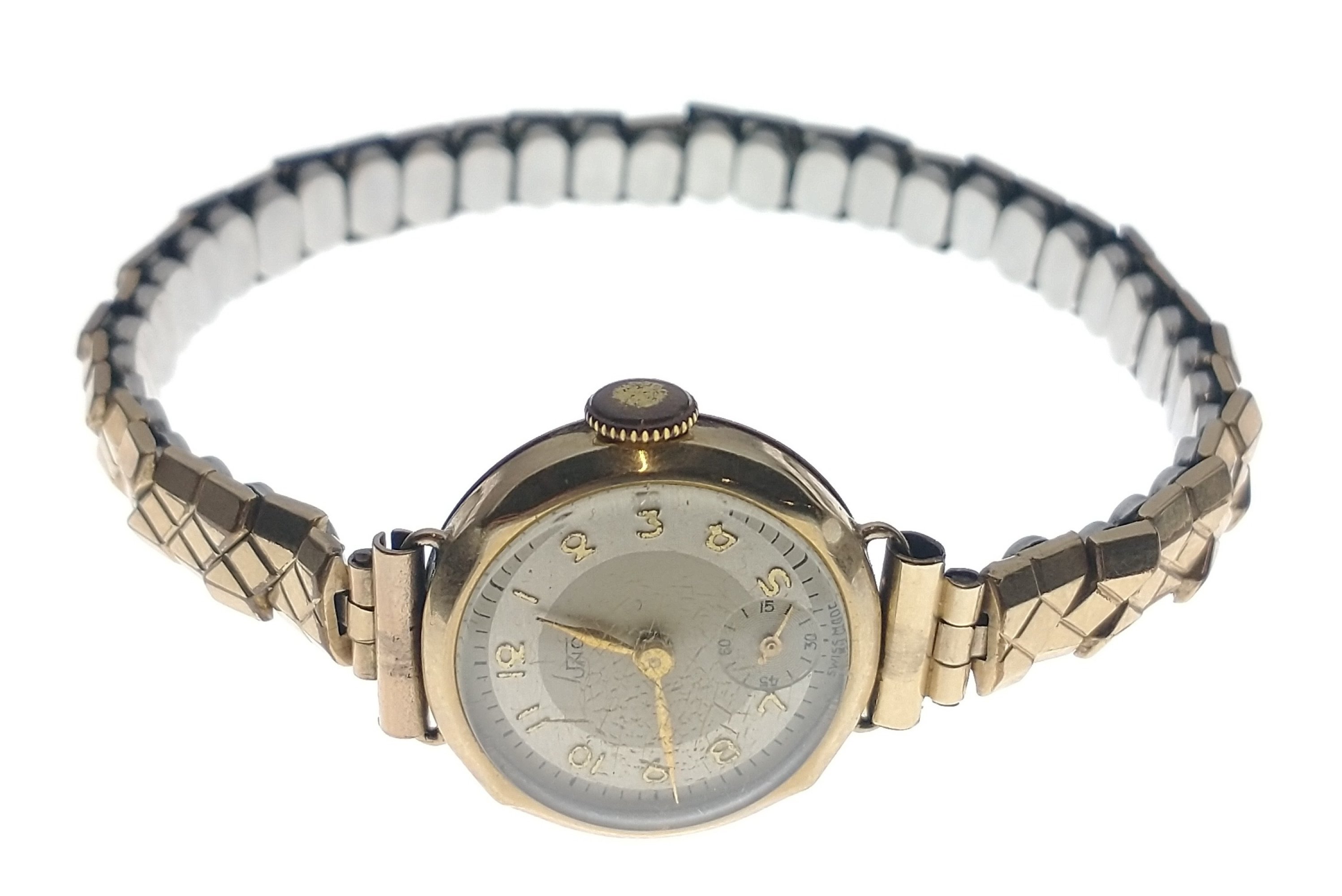 A vintage JNO ladies 375 gold stamped cased yellow gold wrist watch with a rolled gold expanding