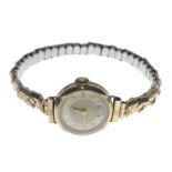 A vintage JNO ladies 375 gold stamped cased yellow gold wrist watch with a rolled gold expanding