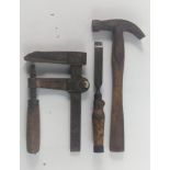 A VINTAGE hand tools to include a wood chisel 10.5" length, a c19th century blacksmith made claw
