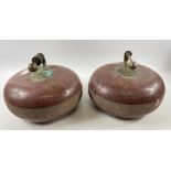 RARE TO FIND! Pair of Antique RED 'CARSPHAIRN GRANITE curling stones, c1870-1890's - handles