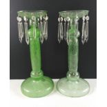 A pair of hand-made GIRANDOLE candlesticks in green glass with etching of 2-masted sailing ship